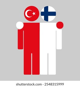 Flat illustration of two human figures with Turkey and Finland flags as heads. Minimalistic design, isolated background.