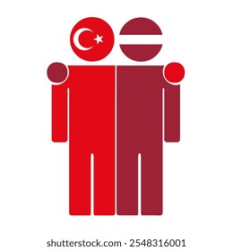 Flat illustration of two human figures with Turkey and Latvia flags as heads. Minimalistic design, isolated background.