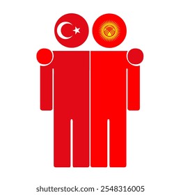 Flat illustration of two human figures with Turkey and Kyrgyzstan flags as heads. Minimalistic design, isolated background.