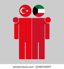 Flat illustration of two human figures with Turkey and Kuwait flags as heads. Minimalistic design, isolated background.