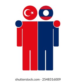 Flat illustration of two human figures with Turkey and Laos flags as heads. Minimalistic design, isolated background.