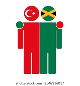 Ilustração plana de duas figuras humanas com bandeiras da Turquia e da Jamaica como cabeças. Design minimalista, fundo isolado.