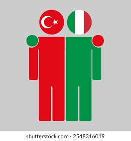 Flat illustration of two human figures with Turkey and Italy flags as heads. Minimalistic design, isolated background.