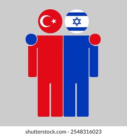 Ilustração plana de duas figuras humanas com bandeiras da Turquia e de Israel como cabeças. Design minimalista, fundo isolado.