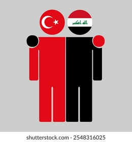 Flat illustration of two human figures with Turkey and Iraq flags as heads. Minimalistic design, isolated background.