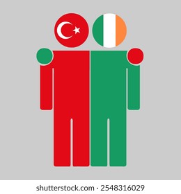 Ilustração plana de duas figuras humanas com bandeiras da Turquia e da Irlanda como cabeças. Design minimalista, fundo isolado.