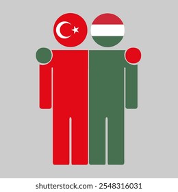 Flat illustration of two human figures with Turkey and Hungary flags as heads. Minimalistic design, isolated background.