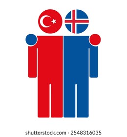 Flat illustration of two human figures with Turkey and Iceland flags as heads. Minimalistic design, isolated background.