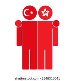 Ilustração plana de duas figuras humanas com bandeiras da Turquia e de Hong Kong como cabeças. Design minimalista, fundo isolado.