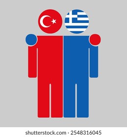 Flat illustration of two human figures with Turkey and Greece flags as heads. Minimalistic design, isolated background.