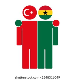 Flache Illustration von zwei menschlichen Figuren mit Türkei- und Ghana-Flaggen als Köpfe. Minimalistisches Design, isolierter Hintergrund.