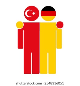 Flat illustration of two human figures with Turkey and Germany flags as heads. Minimalistic design, isolated background.