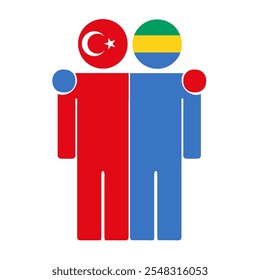 Flat illustration of two human figures with Turkey and Gabon flags as heads. Minimalistic design, isolated background.