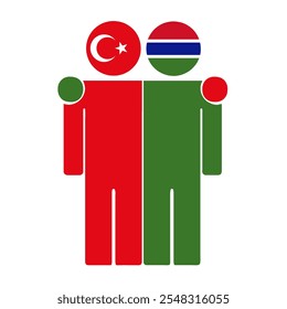 Flat illustration of two human figures with Turkey and Gambia flags as heads. Minimalistic design, isolated background.