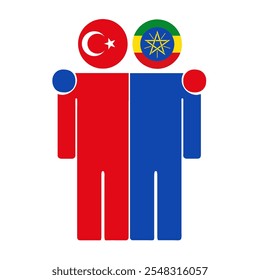 Flat illustration of two human figures with Turkey and Ethiopia flags as heads. Minimalistic design, isolated background.