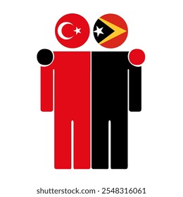 Flat illustration of two human figures with Turkey and East Timor flags as heads. Minimalistic design, isolated background.