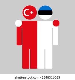 Flat illustration of two human figures with Turkey and Estonia flags as heads. Minimalistic design, isolated background.