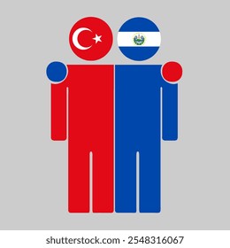 Flat illustration of two human figures with Turkey and El Salvador flags as heads. Minimalistic design, isolated background.