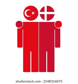 Flat illustration of two human figures with Turkey and Denmark flags as heads. Minimalistic design, isolated background.