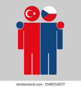 Flat illustration of two human figures with Turkey and Czech flags as heads. Minimalistic design, isolated background.