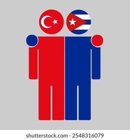 Flat illustration of two human figures with Turkey and Cuba flags as heads. Minimalistic design, isolated background.