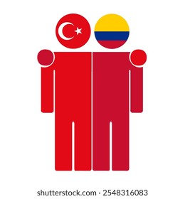 Flat illustration of two human figures with Turkey and Colombia flags as heads. Minimalistic design, isolated background.