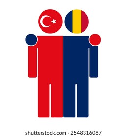 Flat illustration of two human figures with Turkey and Chad flags as heads. Minimalistic design, isolated background.