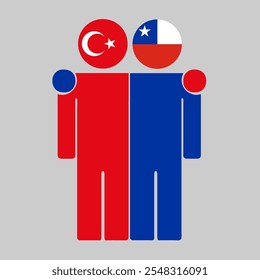 Ilustração plana de duas figuras humanas com bandeiras da Turquia e do Chile como cabeças. Design minimalista, fundo isolado.