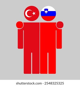 Flat illustration of two human figures with Turkey and Slovenia flags as heads. Minimalistic design, isolated background.