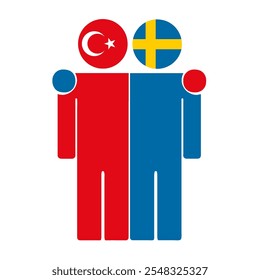 Flat illustration of two human figures with Turkey and Sweden flags as heads. Minimalistic design, isolated background.