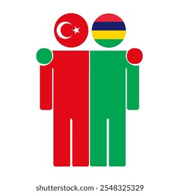 Flat illustration of two human figures with Turkey and Mauritius flags as heads. Minimalistic design, isolated background.