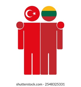 Flat illustration of two human figures with Turkey and Lithuania flags as heads. Minimalistic design, isolated background.