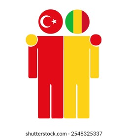 Flat illustration of two human figures with Turkey and Mali flags as heads. Minimalistic design, isolated background.