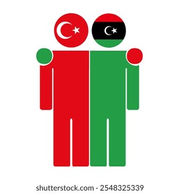 Flat illustration of two human figures with Turkey and Libya flags as heads. Minimalistic design, isolated background.