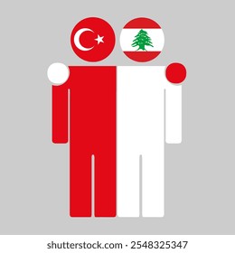 Flat illustration of two human figures with Turkey and Lebanon flags as heads. Minimalistic design, isolated background.