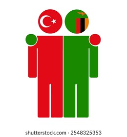 Flat illustration of two human figures with Turkey and Zambia flags as heads. Minimalistic design, isolated background.