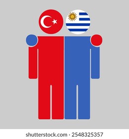 Ilustración plana de dos figuras humanas con banderas de Turquía y Uruguay como cabezas. Diseño minimalista, fondo aislado.