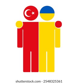 Flat illustration of two human figures with Turkey and Ukraine flags as heads. Minimalistic design, isolated background.