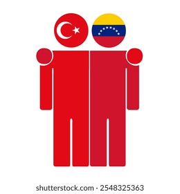 Flat illustration of two human figures with Turkey and Venezuela flags as heads. Minimalistic design, isolated background.