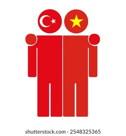 Flat illustration of two human figures with Turkey and Vietnam flags as heads. Minimalistic design, isolated background.