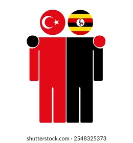 Flat illustration of two human figures with Turkey and Uganda flags as heads. Minimalistic design, isolated background.