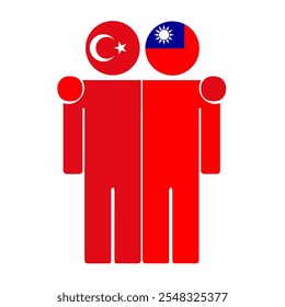 Flat illustration of two human figures with Turkey and Taiwan flags as heads. Minimalistic design, isolated background.