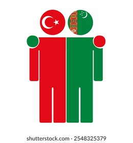 Flat illustration of two human figures with Turkey and Turkmenistan flags as heads. Minimalistic design, isolated background.