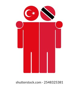 Flat illustration of two human figures with Turkey, Trinidad and Tobago flags as heads. Minimalistic design, isolated background.