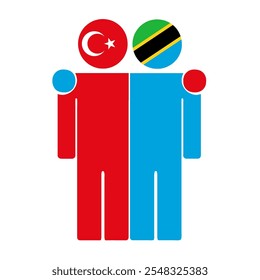 Flat illustration of two human figures with Turkey and Tanzania flags as heads. Minimalistic design, isolated background.