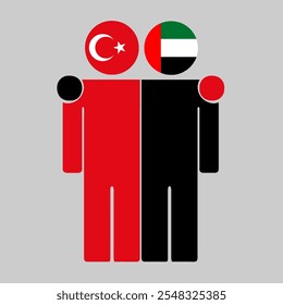 Flat illustration of two human figures with Turkey and UAE flags as heads. Minimalistic design, isolated background.