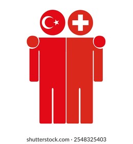 Flat illustration of two human figures with Turkey and Switzerland flags as heads. Minimalistic design, isolated background.