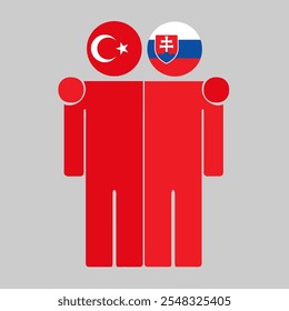 Flat illustration of two human figures with Turkey and Slovakia flags as heads. Minimalistic design, isolated background.