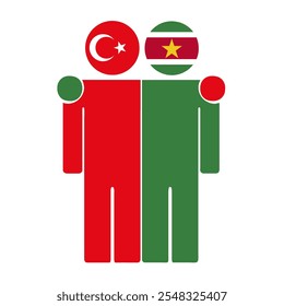 Ilustração plana de duas figuras humanas com bandeiras da Turquia e do Suriname como cabeças. Design minimalista, fundo isolado.