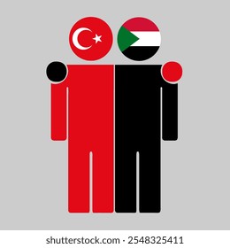 Flat illustration of two human figures with Turkey and Sudan flags as heads. Minimalistic design, isolated background.